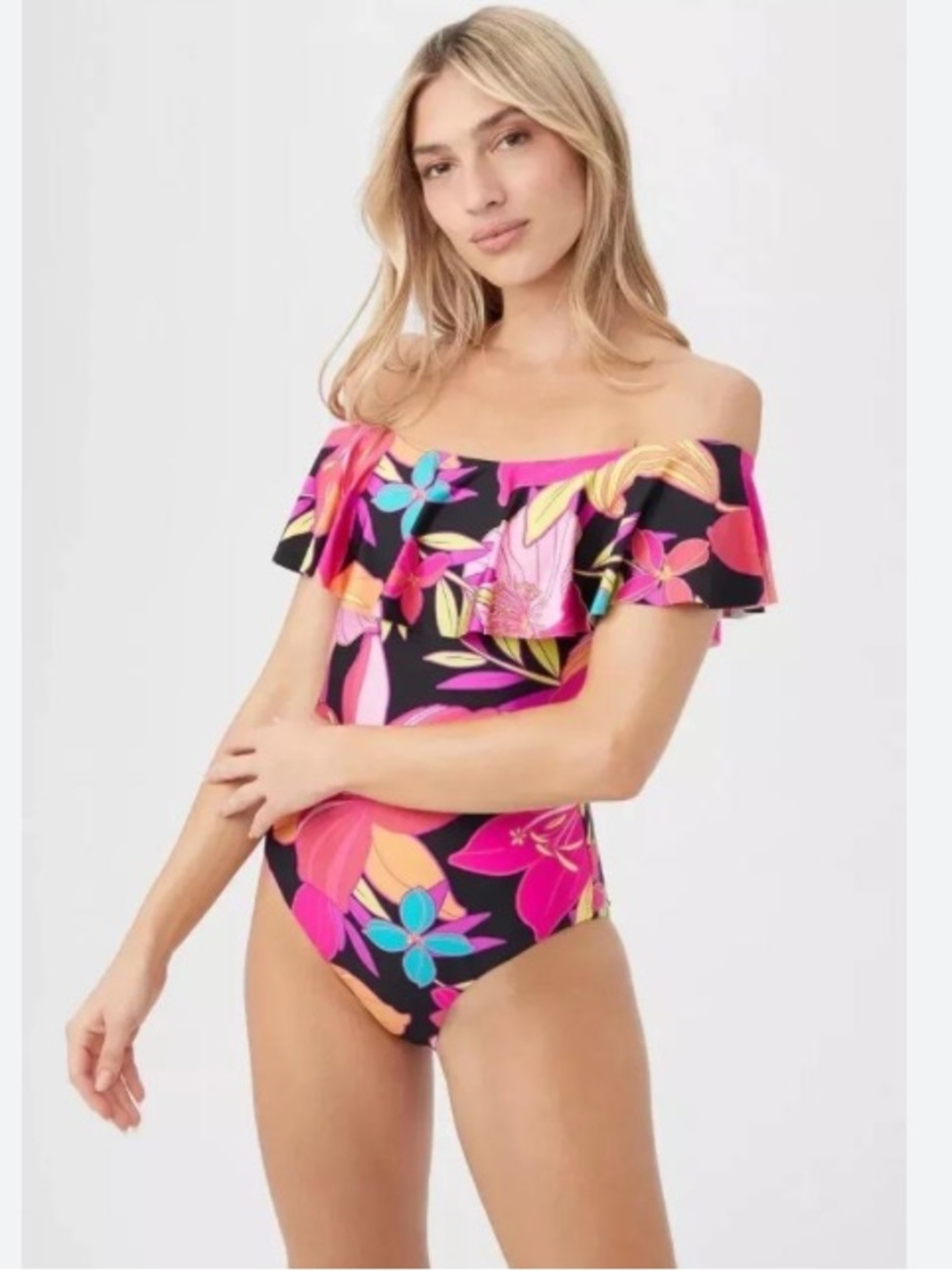 Trina Turk Solar Floral Ruffle One-Piece Swimsuit  NWT Black Magenta